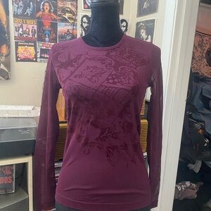 Y2K Sheer Mesh Women's Burgundy Long Sleeve Top